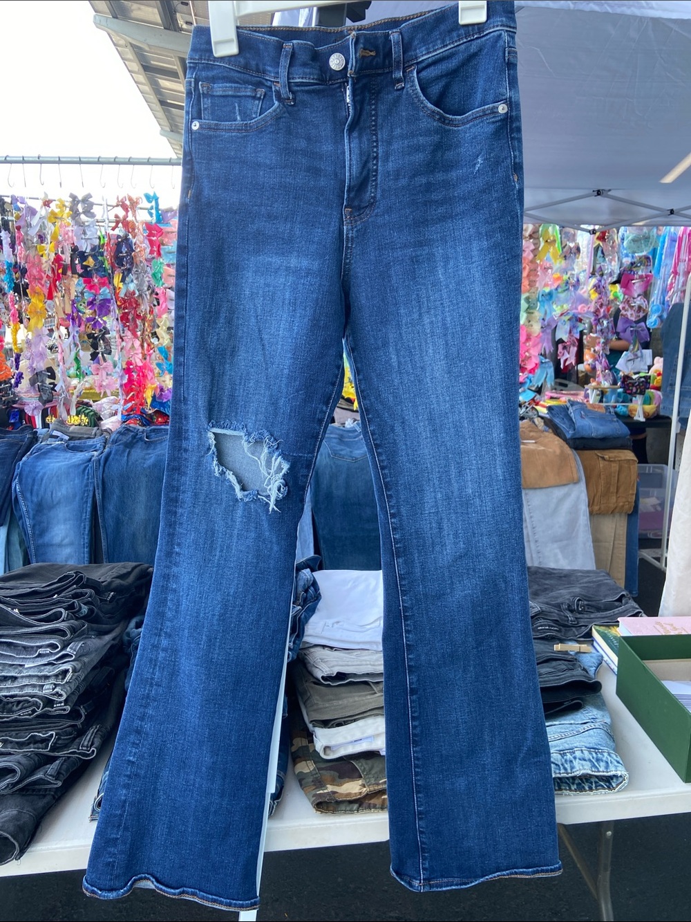 Express Women’s Boot Cut Jeans in Dark Blue with Distressed Knee